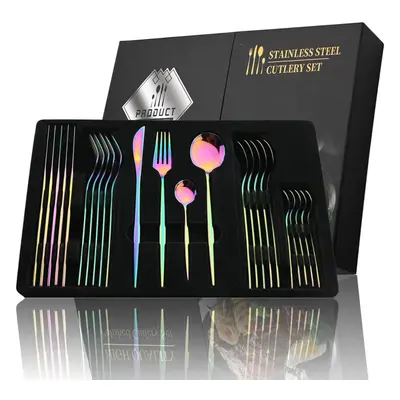 (multicolor, 24pcs + box) 24pcs Black Handle Golden Cutlery Set Stainless Steel Knife Fork Spoon