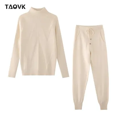 (apricot, One Size) Taovk Winter Women&apos;s Tracksuit Solid Color Striped Turtleneck Pullovers