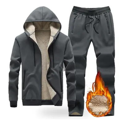 (grey, XXXXL) Men&apos;s Sets Winter Thick Hooded Tracksuit Men Solid Warm Casual Jacket + Sweat