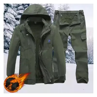 (green, L) Men&apos;s Autumn Outdoor Set Winter Outdoor Hooded Fleece Thickening Suit Hooded Top