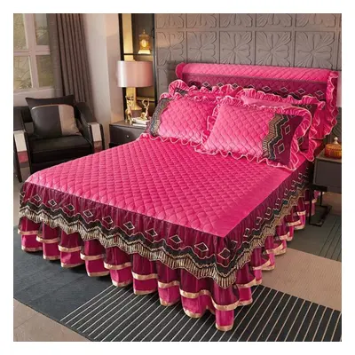 (rose red, 180*220cm) Family Bedroom Princess Lace Quilted Bedspread Luxury Bedspread Skirt Lace