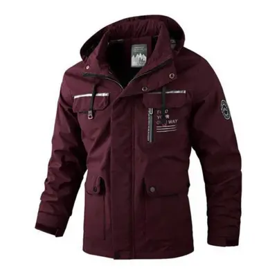 (wine red, 3XL) Men Zipper Buttons Placket Casual Windbreaker Jacket Lapel Hooded Long Sleeve Mu