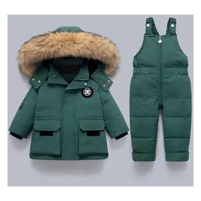 (green, 100(3T)) Children Clothing Set 2pcs Baby Winter Warm Down Jackets Boys Thicken Jumpsuit 