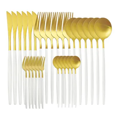 (white,gold) 30pcs Matte Green Gold Cutlery Set Flatware Stainless Steel Dinnerware Kitchen Silv