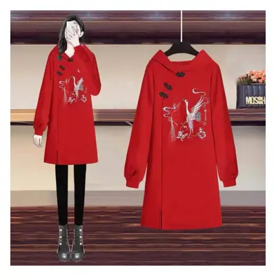 (red, 5XL) Oversized Cheongsam Dress Hooded Sweater Skirt Chinese Cheongsam