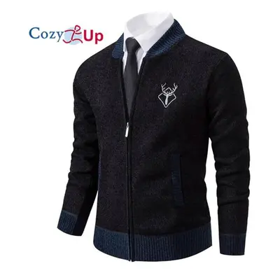 (black, L) Cozy Up Spring Men&apos;s Cardigan Sweater Coat Top Zipper Slim Fit Standing Neck Kni