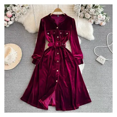 (claret, S) Autumn Winter Velvet Party Dress Runway High Quality Women&apos;s V Neck Single Brea