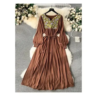 (coffee, One Size) Floral Embroidery Loose Long Dress Women Elegant V Neck Long Sleeve Ladies Ca