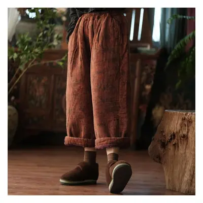 (as the picture, One Size) Johnature Women Winter Warm Wide Leg Pants Print Floral Elastic Waist