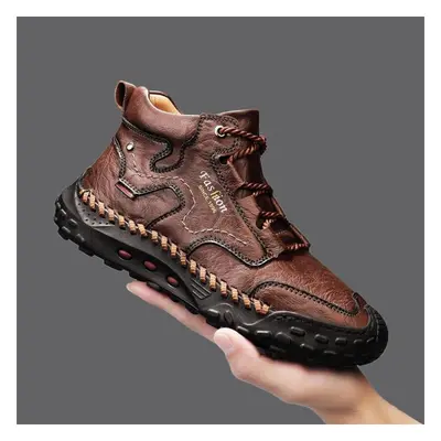 (dark brown, 40) Men&apos;s High-top Leather Boots Casual Sneakers