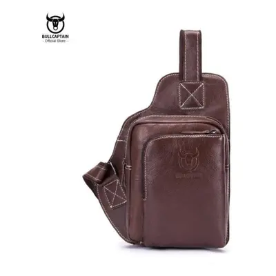 (coffee) Bullcaptain Men&apos;s Fashion Chest Bag Soft Leather Chest Bag Men Casual Messenger Ba