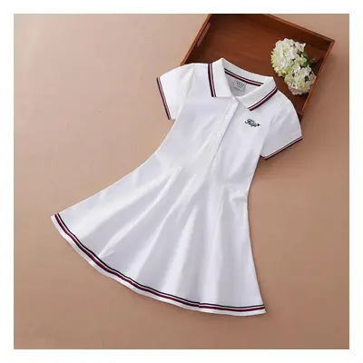 (white, 150) Kids Girls Sport Dresses Turn-down Collar Summer Short Sleeve Cotton Clothing Tenni