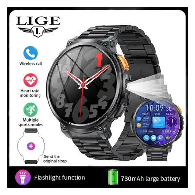 (black, Steel strap) Lige 730mah Large Battery Outdoor Smartwatch Men 1.85&apos;&apos; Screen Bt