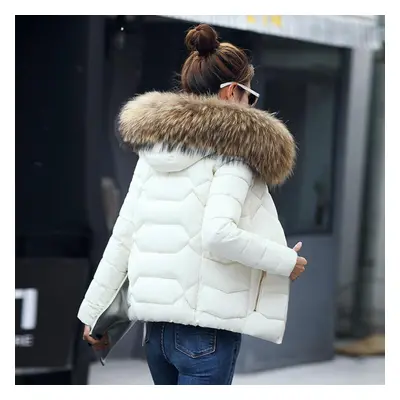 (white, XXXL) Women Winter Warm Coat Fake Fur Collar Parka Down Solid Color Full Sleeve Long Thi