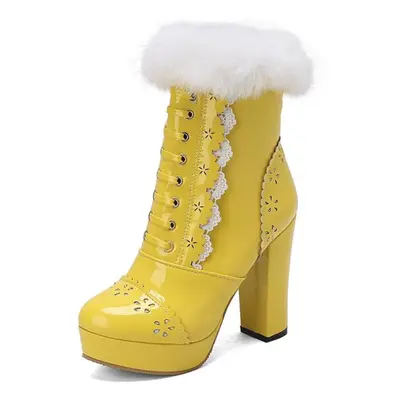 (yellow, 35) Women Ankle Boots Round Toe Platform Thick High Heels Zipper Short Boot Ladies Fash