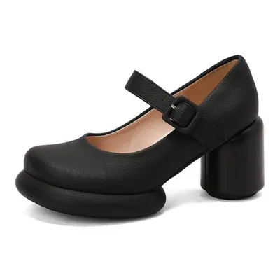 (black, 36) Women Pu Leather Pumps Chunky Heel Round Toe Mary Janes Buckle Sweet Party Spring Au