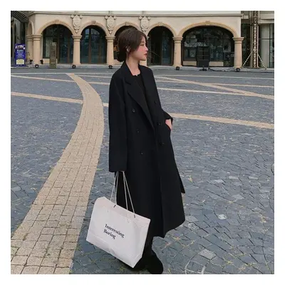 (black, L) Autumn Winter Single-breasted Woolen Coat Vintage Female Long Korean Fashion Long Jac