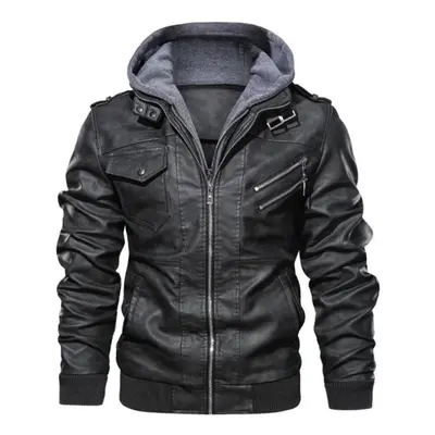 (black, 2XL) Autumn And Winter Large Size Double Row Trendy Locomotive Casual Leather Jacket Hoo