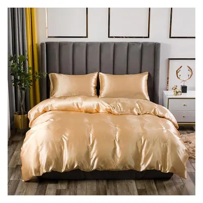 (tan, 228*228cm) Bed Sheets Luxury Satin Imitation Silk Bedding 3-piece Set Soft Duvet Cover Que