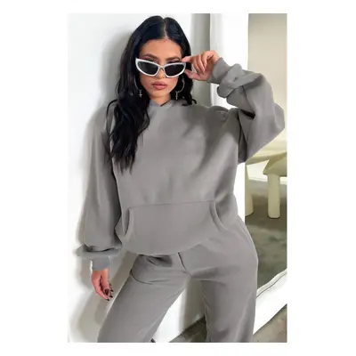 (light gray, S) Women&apos;s Solid Color Sweatshirt Set Autumn And Winter Long-sleeved Hooded Fl