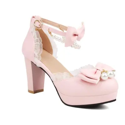 (pink, 35) Ankle Strap Two-piece Lolita Pump Round Toe Platform Kawaii Thick High Heel Bow Buckl