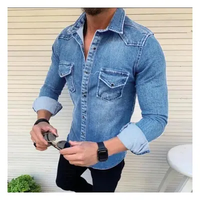 (light blue, XXXL) Fashion Men&apos;s Denim Jacket Long Sleeve Shirt