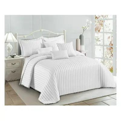 (White, King ) Bedspread Quilted Bed Throw Pom Pom Bedding Pillow Shams Single Double King Size