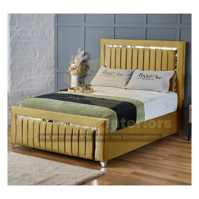 (Mustard (with Mattress), 4ft6" Double (with Gaslift)) Luxury Plush Velvet Upholstered Panel Str