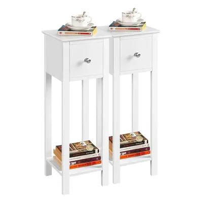 2x White Slim Bedside Table Narrow Wooden Nightstand with Drawer&Shelf