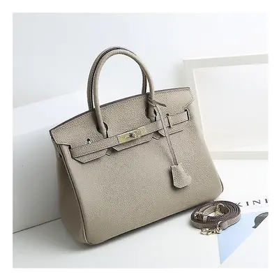 (Light gray, 25*19*13cm) Ladies Women Leather Handbag Birkin First Layer Cowhide Leather Tote Ba