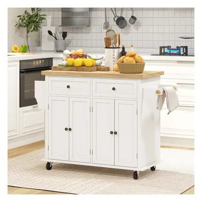 HOMCOM Rolling Kitchen Island Cart with Rubber Wood Top, Spices Cream White