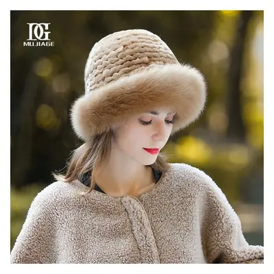 (khaki, One Size(55-59cm)) Hat Female Winter Rex Rabbit Fur Woven Fox Fur Fisherman Hat Hat Wint