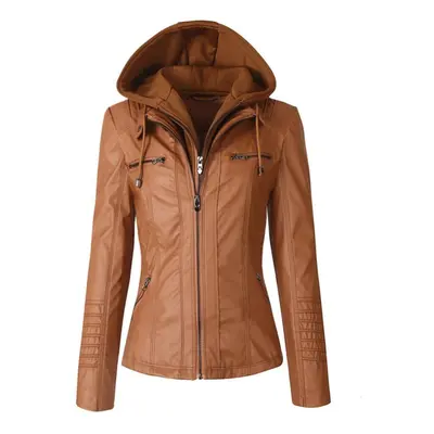 (brown, 7XL) All Season Women&apos;s Fashion Bomber Zipper Leather Jacket Hooded Faux Coats Wint