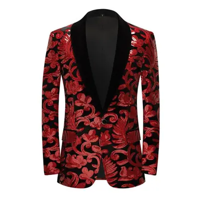 (red, XXXL) Pyjtrl Mens Fashion Shiny Sequin Floral Pattern Suit Jacket Blazer