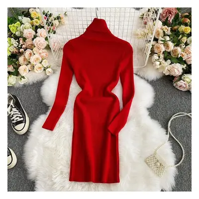 (red, One Size) New Autumn Winter Women&apos;s Dress Temperament Solid Color Thicken Knit Dresse