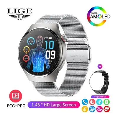 (silver, Mesh belt) Lige New Men Smart Watch Ecg+ppg Temperature Detection Heart Rate Health Tra