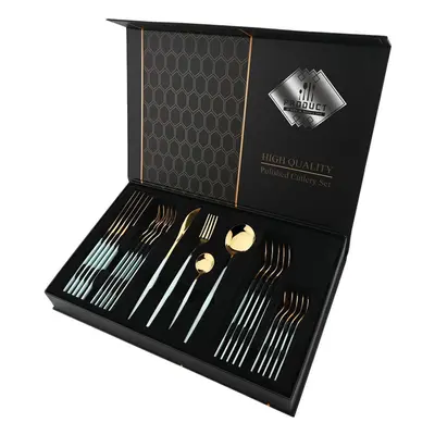 (mint,gold, 24pcs with box) Luxury 24pcs Rose Gold Dinnerware Set Knife Fork Spoon Cutlery Set W