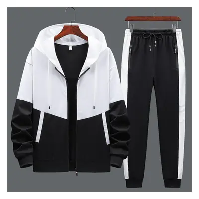 (black, XXL) Two Piece Fashion Coat Long Sleeve Sports Suit Men&apos;s Casual Hooded Sweater Pan