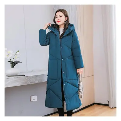 (blue, XL) Thickened Down Coat Women&apos;s Winter New Style Loose Cotton Coat Long Over Knee Co