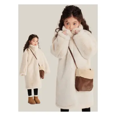 (beige, 140cm) Girl&apos;s Winter Imitation Fur Coat Elegant Banquet Childern Outwear Beige Baby