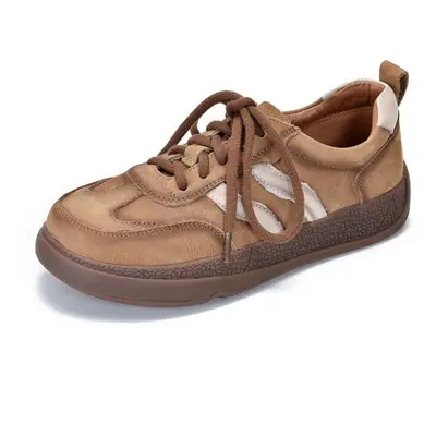 (khaki, 38) Johnature Genuine Leather Sneakers Women&apos;s Flat Shoes Versatile Lace-up Soft So