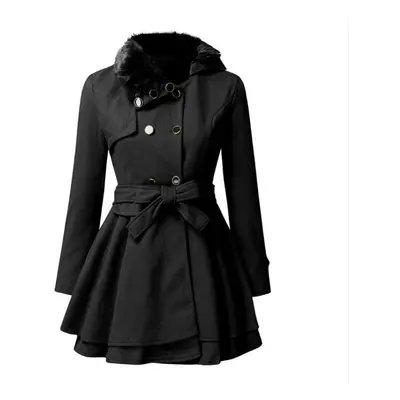 (black, XXL) Women Wool Coat Dress Jacket Slim Windbreaker Sexy Long Woolen Trench Belted Pea Co