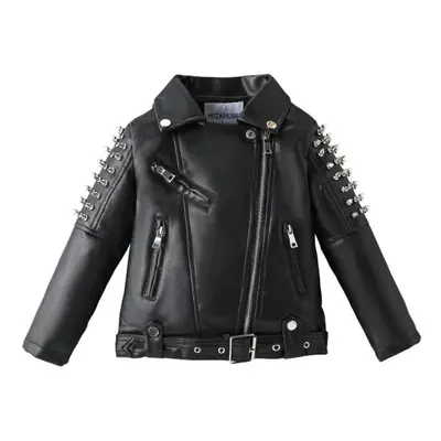 (black, 130(7-8)) New Spring Handsome Children&apos;s Performance Leather Rivet Motorcycle Jacke