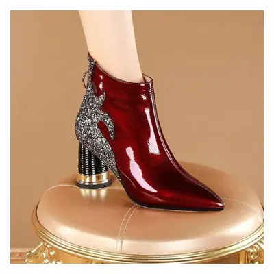 (red, 39) High Quality Women&apos;s Boots Shiny Sequined Ladies High Heels Sexy Pointed Ankle Bo