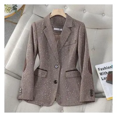 (champagne, XS) Autumn Retro Splice Plaid Sequins Blazers Coat For Women Brown Elegant Business 