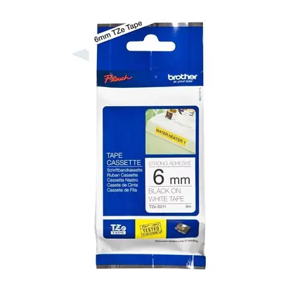 Brother TZe-S211 Labelling Tape Cassette, Black on White, 6mm (W) x 8M (L), Strong Adhesive, Bro