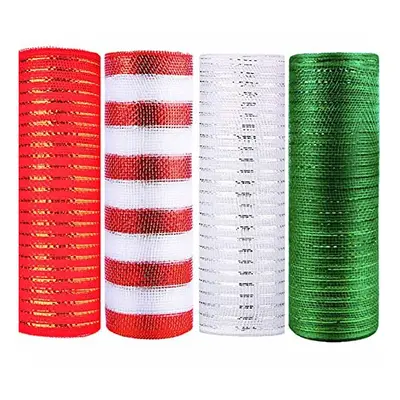 4 Rolls Inch x Yards Christmas Deco Poly Mesh Roll Xmas Ribbons,Green Red White Stripe Mesh Meta