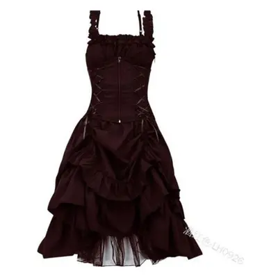 (wine red, M) Womens Gothic Dress Woman Classic Black Layered Lace-up Goth Lolita Corset Waist S