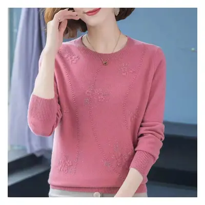 (pink, M) Spring Short Sweater Loose Women&apos;s Jacquard Solid Color Knitted Pullover Versatil