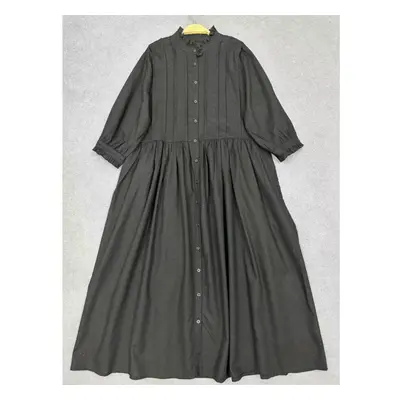 (black, One Size) Johnature Japanese Summer Fungus Edge Stand Collar Pressed Pleated Dresses Loo